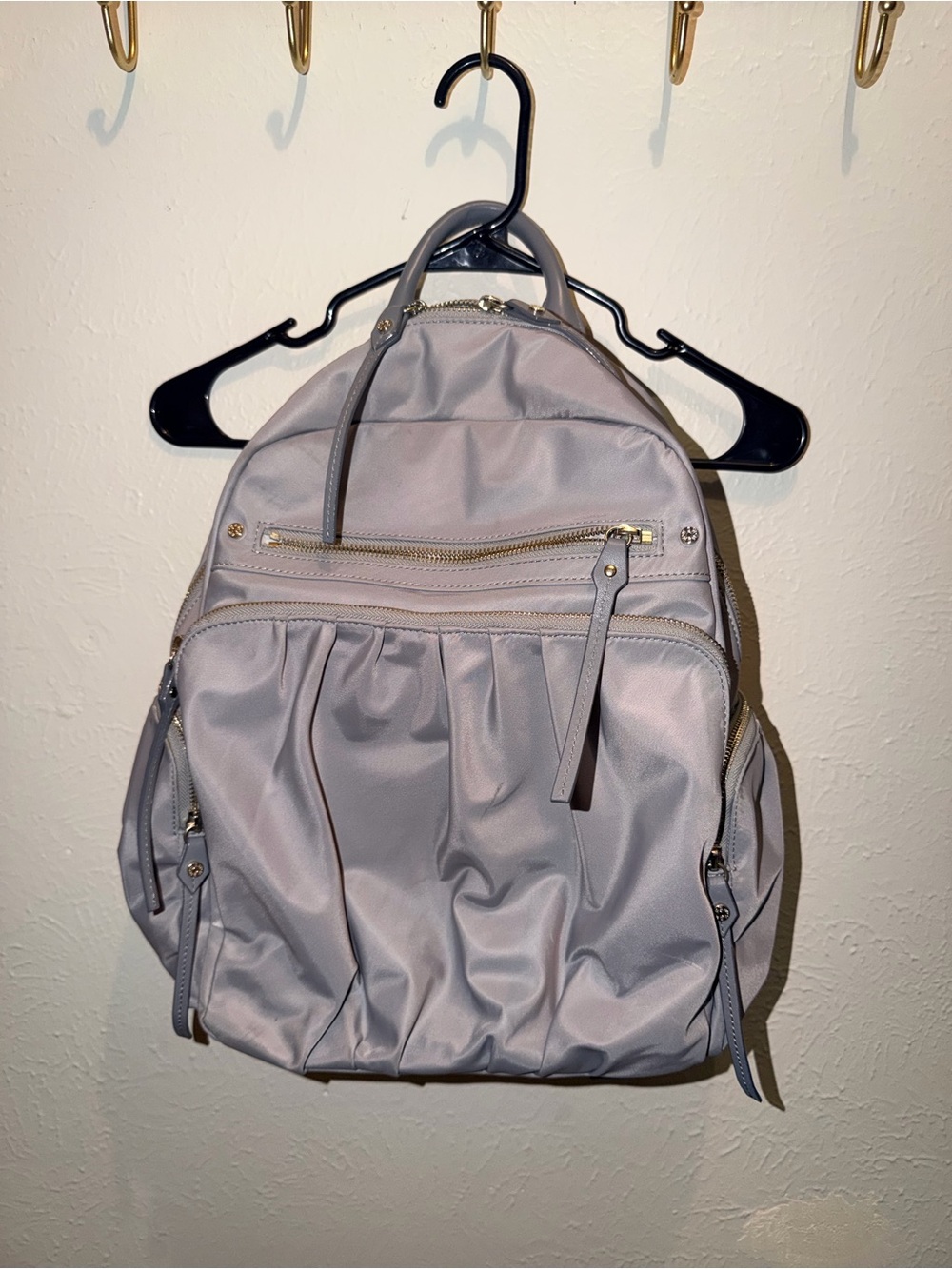 MZ Wallace Gray Pleated Nylon Backpack with Gold-Tone Hardware